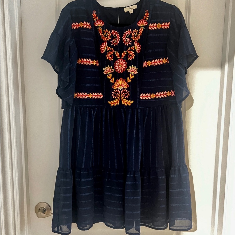 Entro Navy Blue Embroidered Boho Dress, Size Small